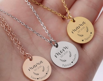 Mother's day Necklace for Mom, Personalized Kids Name Disc Necklace, Mother’s Day Stainless Steel Necklace, Waterproof Coin, Custom Mom Gift