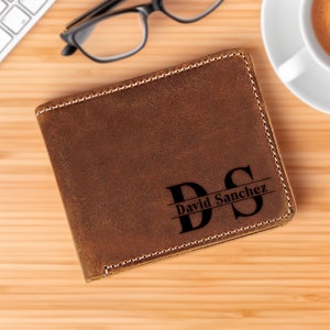 Cartera de cuero genuino personalizada con nombre grabado, regalo para el Día del Padre, regalo de aniversario, billetera para papá, novio, esposo o pareja comprometida.