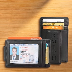 Clip magnético para billetes de cuero personalizado, billetera grabada personalizada para hombre, billetera con monograma y bloqueo RFID, regalo para el Día del Padre.