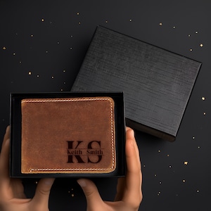 Billetera de cuero genuino con nombre personalizado grabado para el día de San Valentín, regalos para el día del padre para hombres, billetera con nombre personalizado para papá, novio, esposo, compromiso