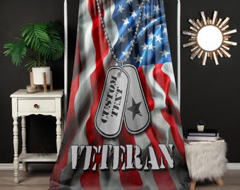 Manta personalizada para veteranos, manta con placa militar personalizada, regalo patriótico con la bandera de EE. UU. para él, regalo del Día del Veterano, manta acogedora