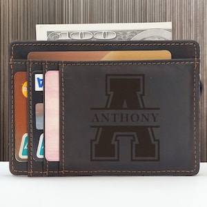 Tarjetero delgado de cuero con monograma personalizado, regalos de Navidad para hombres, bloqueo RFID, billetera de cuero para tarjetas de crédito, ideas para regalos de boda