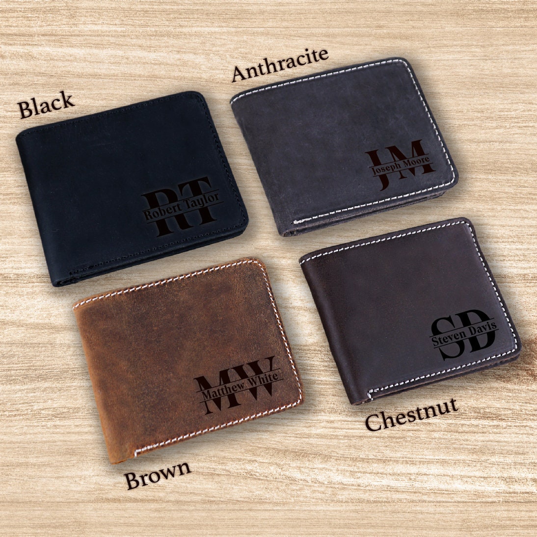 Personalized Leather Bifold Wallet, Engraved Initials, Anniversary Gift ...