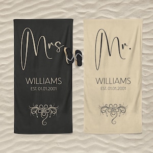 Personalized Mrs and Mr Name 30&quot;x60&quot; Beach Towel, Wedding Newlywed Honeymoon Gift, Couple Pool Towel, Bridal Shower Gift, Bachelorette Trip