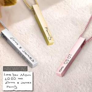 Custom Handwriting Bar Necklace Engraved Vertical Name, Silver, Rose Gold Jewelry Personalized Gift for Mom, Birthday or Mother’s Day