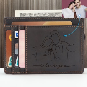 Tarjetero delgado de cuero con fotos de retrato personalizadas, regalo de San Valentín, retrato personalizado para cumpleaños, regalos de Navidad para hombres, billeteras RFID