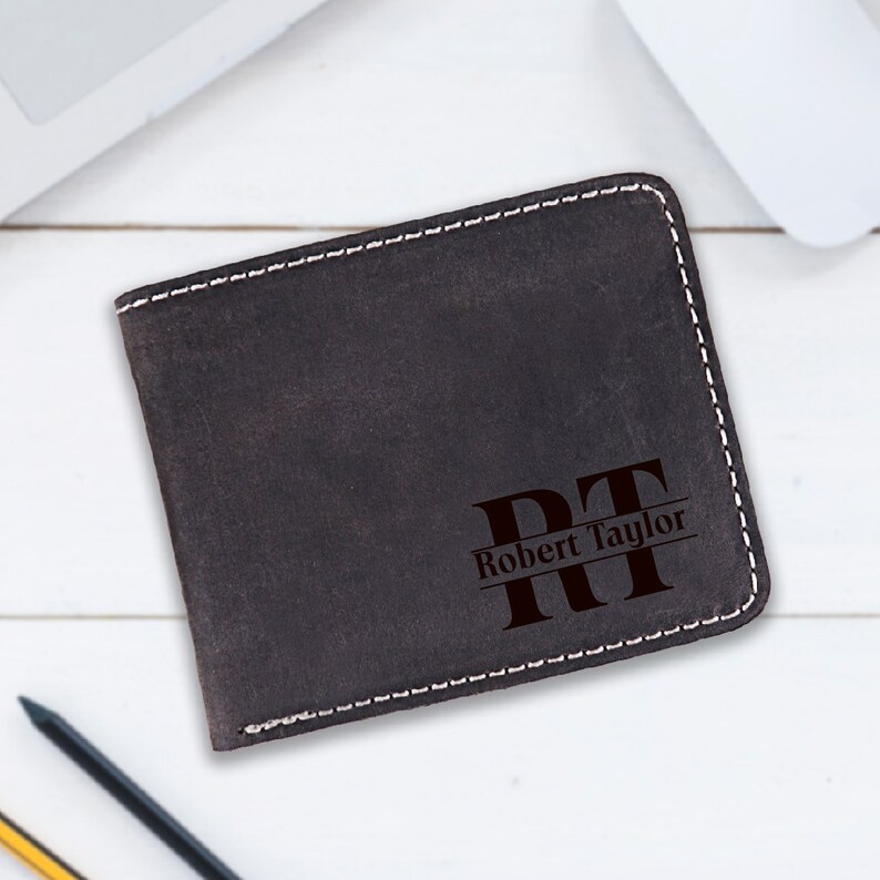 Personalized Leather Bifold Wallet, Engraved Initials, Anniversary Gift ...
