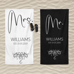 Personalized Mrs and Mr Name 30x60&quot; Beach Towel, Wedding Newlywed Honeymoon Gift, Couple Pool Towel, Bridal Shower Gift, Bachelorette Trip