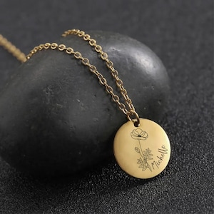 Personalized Birth Flower Engraved Necklace with Name, Custom Gifts for Mom, Mothers Day Necklace Gift, Sisters Gifts, Name Bouquet Necklace