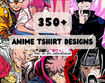 May include: A vibrant graphic featuring multiple anime characters in various poses and colors. The image includes the text "350+ ANIME TSHIRT DESIGNS" and "PNG - AI - EPS - HIGH DETAILED". The overall theme is anime-themed t-shirt designs.