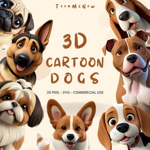 3D かわいい犬のクリップアート バンドル、30 個の高品質 PNG のクリップアート セット、3D リアルな犬、漫画の犬の PNG と SVG、商用利用