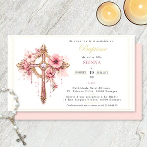 Invitations personnalisables baptême, croix chrétienne rose | Personalized baptism invitation, Pink Christian cross | Modèles de faire-part