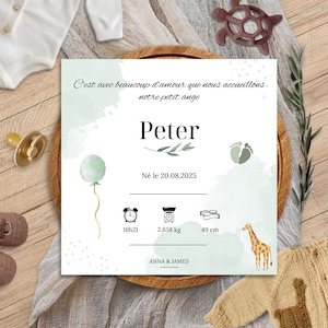 Faire-part de naissance | Birth announcements | Naissance | Birth | Template | Thème aquarelle vert sauge | Sage green watercolor theme