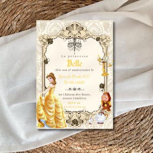 Convite de aniversário da Princesa Bela personalizável | Lindo cartão de aniversário de princesa | Modelo Digital para Download | Modelo editável