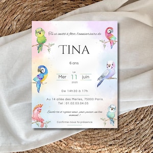 Carte d'anniversaire tropical perroquets | Tropical parrots birthday card | Modèle invitation aquarelle coloré personnalisable | Template