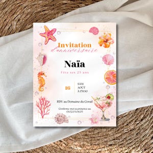 Invitation coquillages aquatique rose et orange | Pink and orange aquatic seashells invitation | modèle personnalisable | template