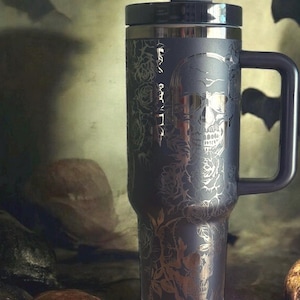 Engraved Skull & Roses Tumbler | Black Stainless Steel Travel Mug