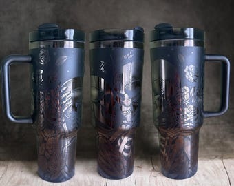 Beker met bloemenskelet van 40 oz | Gotisch gegraveerd roestvrij staal