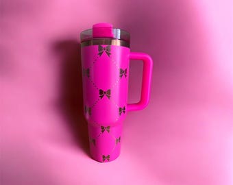 40oz Bow Tumbler with Handle | Personalized Engraved Initials Custom Name Stainless Steel Insulated Travel Mug | Coquette Gift for Her