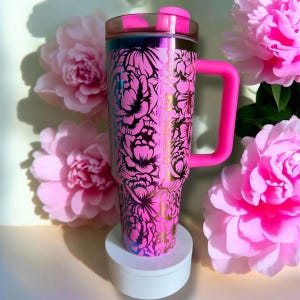 Peony 40 oz tumbler Pink Rainbow Plated | Insulated Stainless Steel Iced Coffee Cup Travel Mug | Gifts for Women| 40 oz | Mother’s Day gift