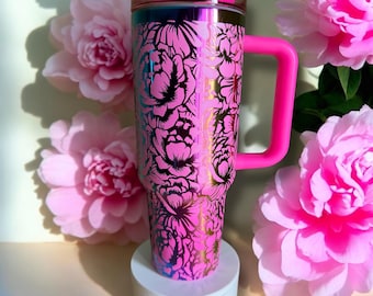 Engraved Peony 40 oz Tumbler | Pink Rainbow Stainless Steel Coffee Cup