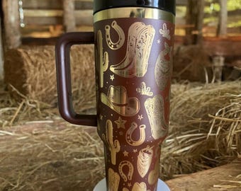 Gobelet western gravé 40 oz | Bottes de cow-boy, chapeaux, fers à cheval Tasse en acier inoxydable