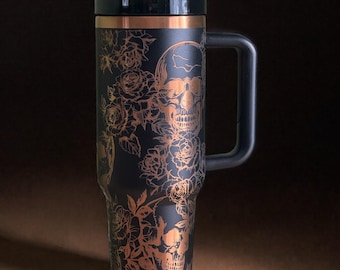 Gothic Skull & Roses Tumbler 40oz | Engraved Dark Art Stainless Steel Cup | Skull Floral Travel Mug | Halloween Gift | Custom Gothic