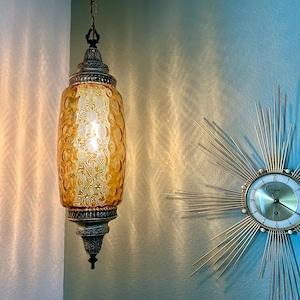 Mid Century Dimple Amber Glass Cylinder Pendant Swag Lamp