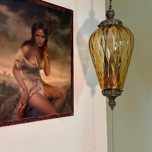 Vintage Amber Diamond Patterned Glass Swag Lamp