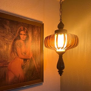May include: A vintage hanging pendant light with a ribbed amber glass shade and dark brown accents. The light fixture is suspended from a chain and illuminates a corner of a room. A framed painting of a woman is visible in the background.