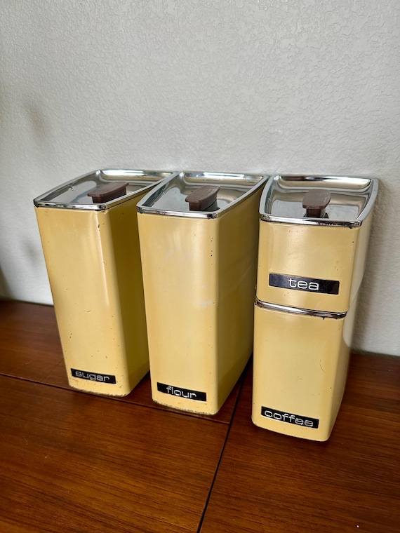 MCM Vintage Kitchen Containers Lincoln Beautyware Chrome Yellow
