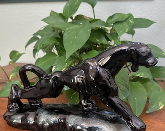 Vintage Black Panther Leather Wrapped Statue - Retro Interior