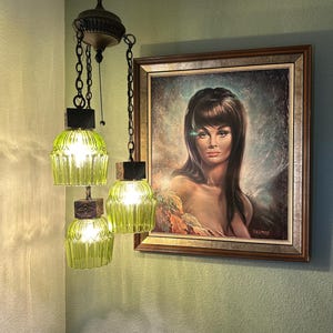 Vintage 70’s Swag Lamp Hanging Light 3 Tier Green Glass