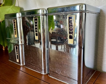MCM Vintage Lincoln Beautyware Chrome Canister Set. Flour Sugar