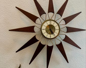 Vintage 1950s Midcentury MCM Metal Welby Starburst Wall Clock Made