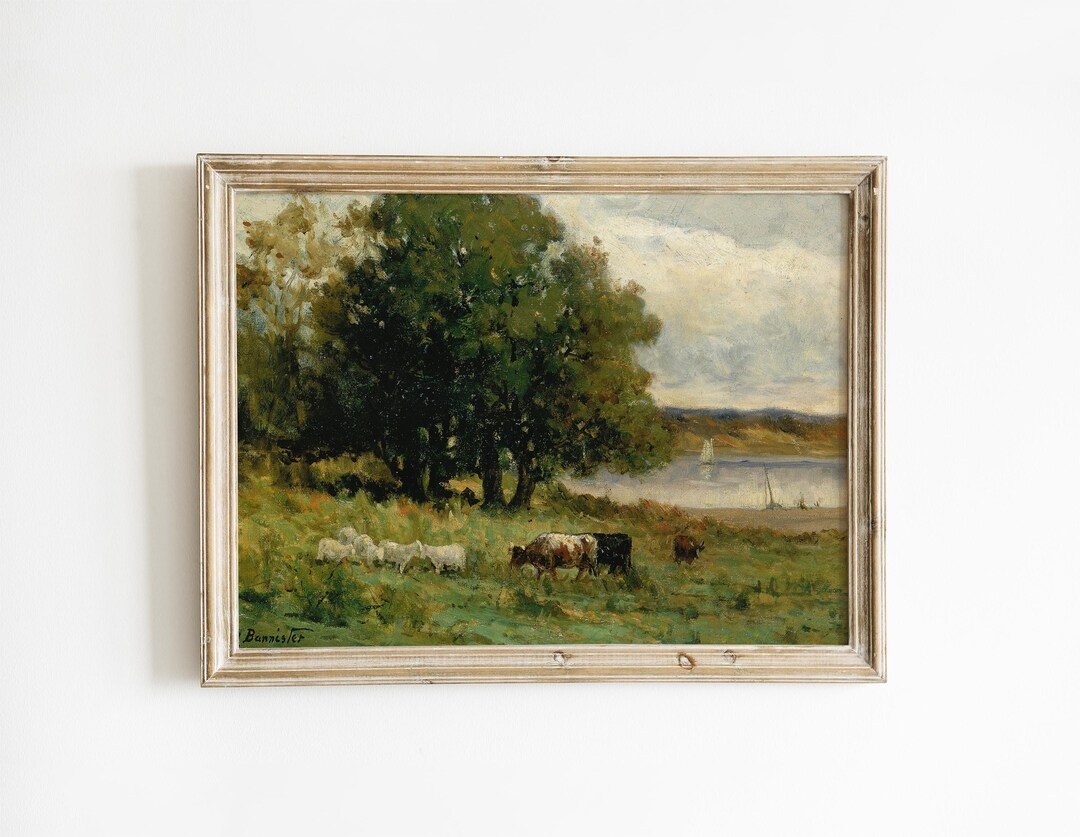 Cows and Sheep in a Landscape Pastoral Oil Painting Print, Vintage ...