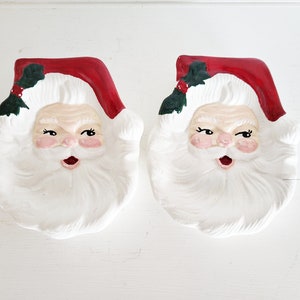 Vintage Christmas Smiling Santa Claus Faces, Set of 2 Ceramic Santa Face Wall Hanging or Spoon Rest, Retro Santa Decor
