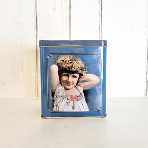 Vintage Blue Metal Tin Box with Victorian Lady and Pink Bows, Collector's Tin, Coquette Tin, Cookie Tea Tin