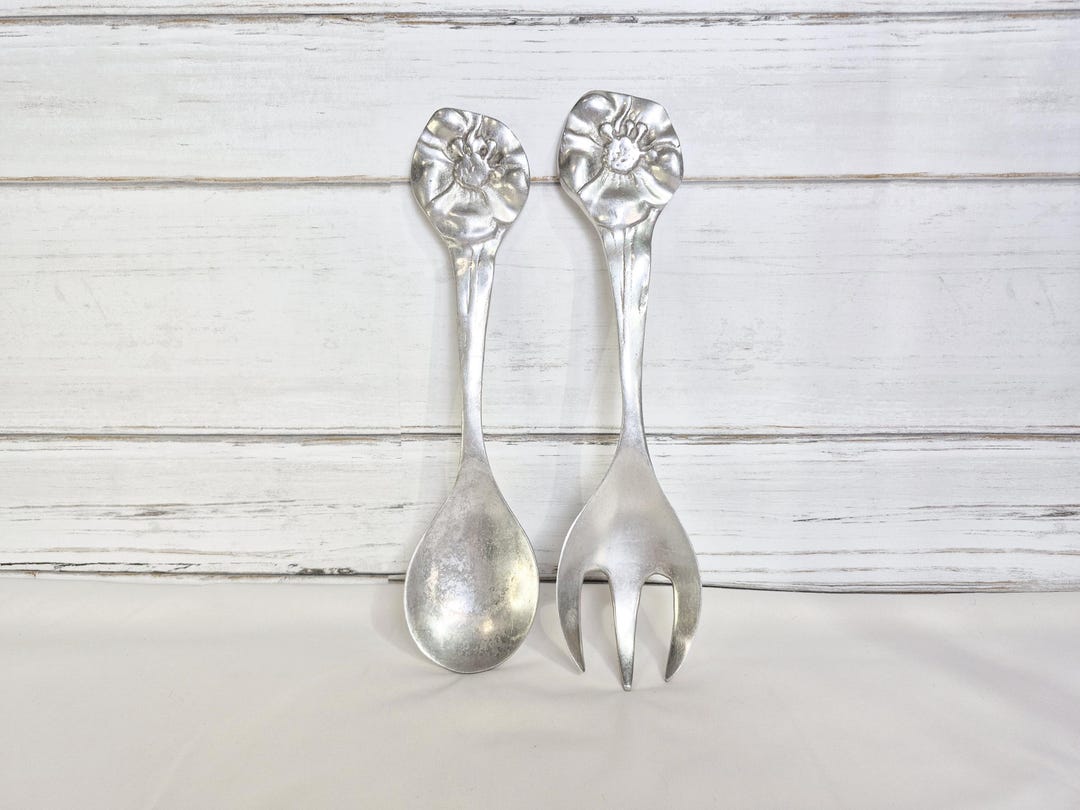 Vintage Pewter Flower Serving Spoon and Fork Set, Large Salad Serving ...