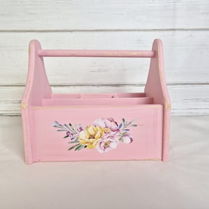 Shabby Chic Pic Wood Tote Crate Box, Repainted Art Craft Caddy