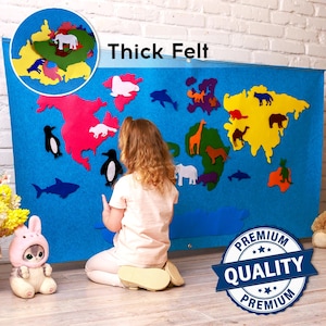 Mapa del mundo de fieltro para pared, tablero de fieltro, aprendizaje Montessori, decoración de fiestas, fieltro Montessori, regalo educativo, continente Montessori, pared de actividades