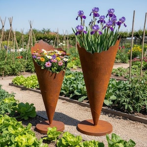 Puede incluir: Dos jardineras cónicas de metal oxidado con bordes festoneados, cada una sobre una base circular. Una contiene flores coloridas, la otra vibrantes iris moradas. Las jardineras están en un jardín con un camino de grava.