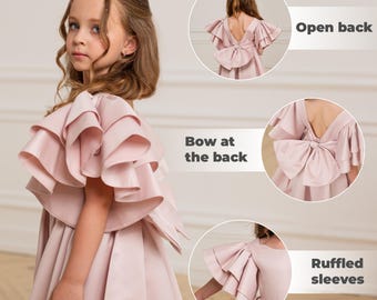 Satin Blumenmädchen Kleid mit Schleife, Blumenmädchen Kleid mit Ärmeln, Rosa Blumenmädchen Kleid Kleinkind, Elfenbein Blumenmädchen Kleid, Prinzessinnen Kleid