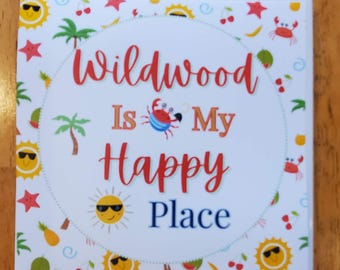 Handmade Ceramic Tile Coasters - Wildwood Is My Happy Place - Set of 4 -  Cork Back -hostess gift,  beach house, Wildwood NJ, Jersey Shore