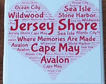 Handmade Ceramic Tile Coasters - Jersey Shore Towns- Set of 4 -  Cork Back - Stone Harbor, Cape May NJ, Avalon, Wildwood, Atlantic City