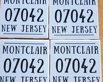 Personalized Handmade Town, Zip Code, State Ceramic Tile Coasters - You Pick Town, Zip Code & State.  Set of 4. Perfect Gift!