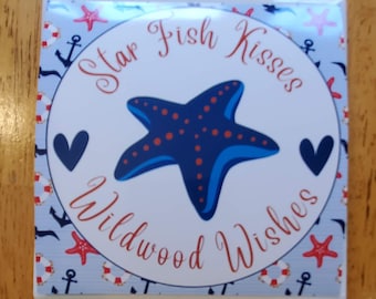 Handmade Ceramic Tile Coasters - Star Fish Kisses and Wildwood Wishes - Set of 4 -  Cork Back -gift,  beach house, Wildwood NJ, Jersey Shore