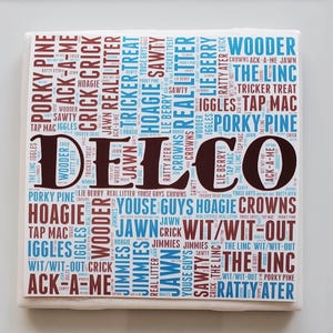 May include: A brown and blue word cloud with the word "DELCO" in the center. The word cloud is made up of words related to the Philadelphia area, such as "Jawn", "Hoagie", "Wit/Wit-Out", and "The Linc".
