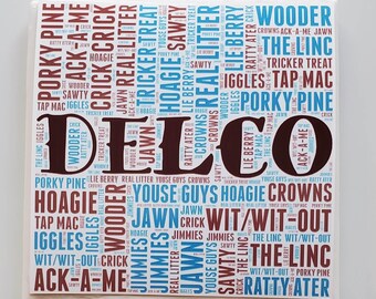 Set of 4- Handmade Ceramic Tile Coasters - DELCO, PA Slang - "Wooder," "Ack-A-Me" +more! All The "Delco-Isms"!