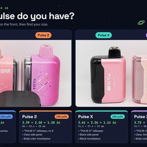 Op de afbeelding: Een overzichtskaart getiteld Which Pulse do you have? met vier Geek Bar Pulse vape-apparaten genaamd Pulse, Pulse 2, Pulse X en Pulse X 2. De kaart bevat afmetingen in inches en millimeters, het aantal trekjes en fysieke beschrijvingen.